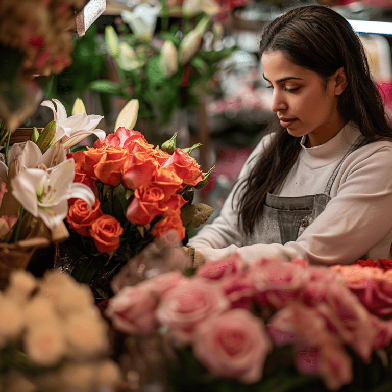 Mesa florist working on bouquets in a greenhouse