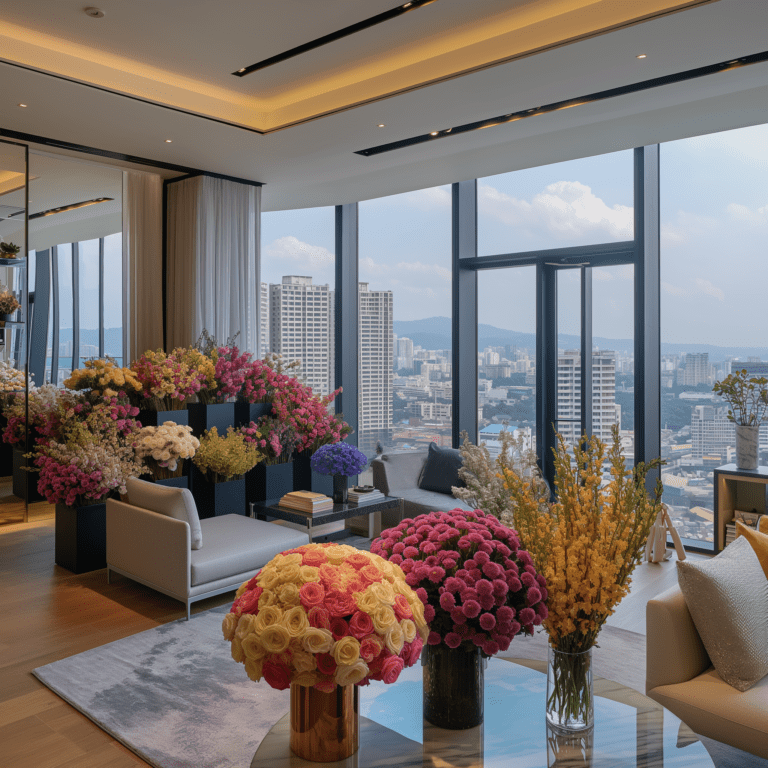 Miami luxury high rise apartment with flower bouquets in the living room.